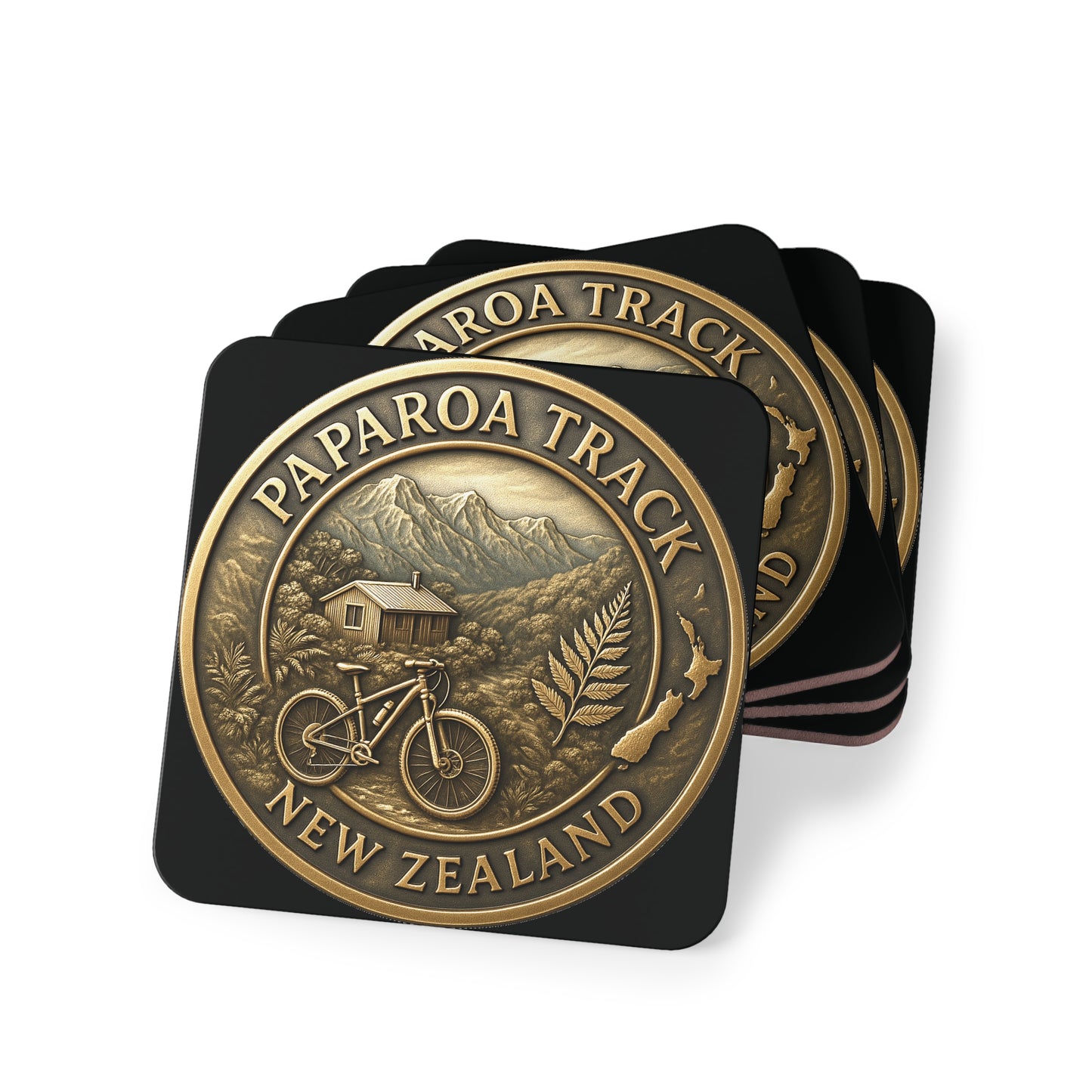 Coasters with Paparoa Track design on a white background