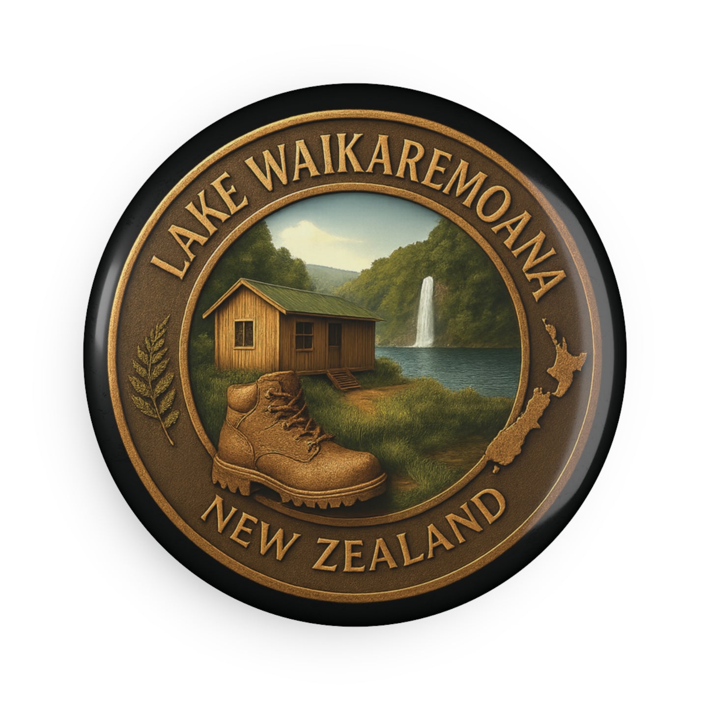 Round Fridge Magnet with Lake Waikaremoana Track New Zealand design featuring a cabin, boot, and waterfall.