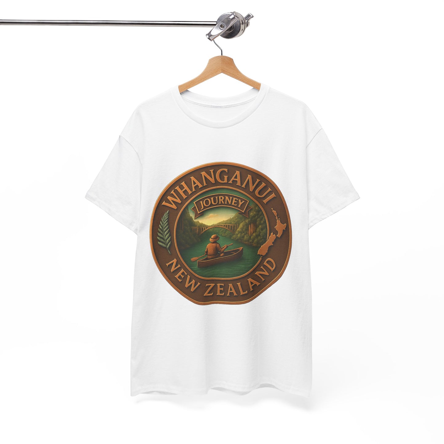White t-shirt with a 'Whanganui Journey New Zealand' graphic on a hanger against a white background