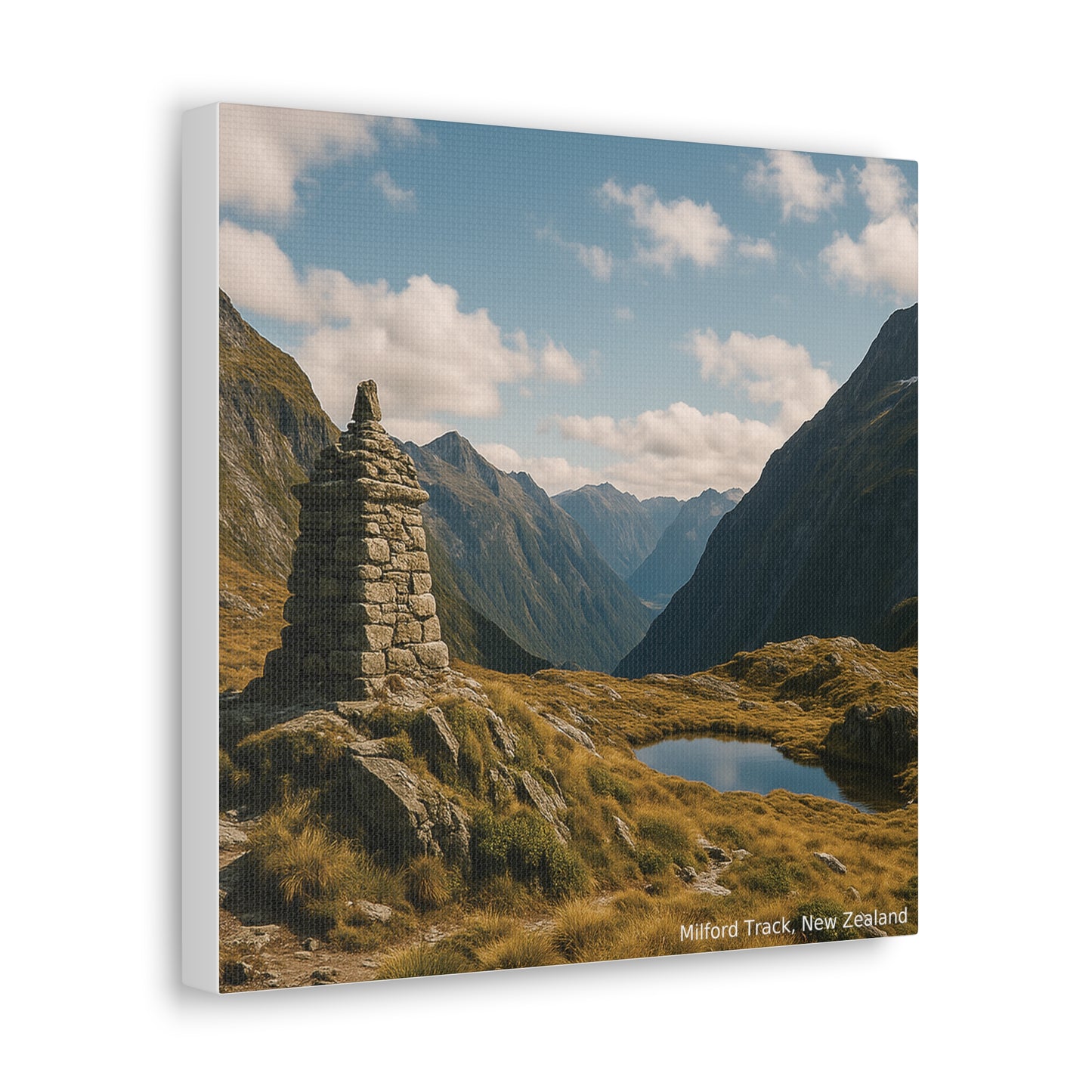 Canvas print of a mountain landscape with a stone cairn and lake, featuring the text 'Milford Track, New Zealand'.