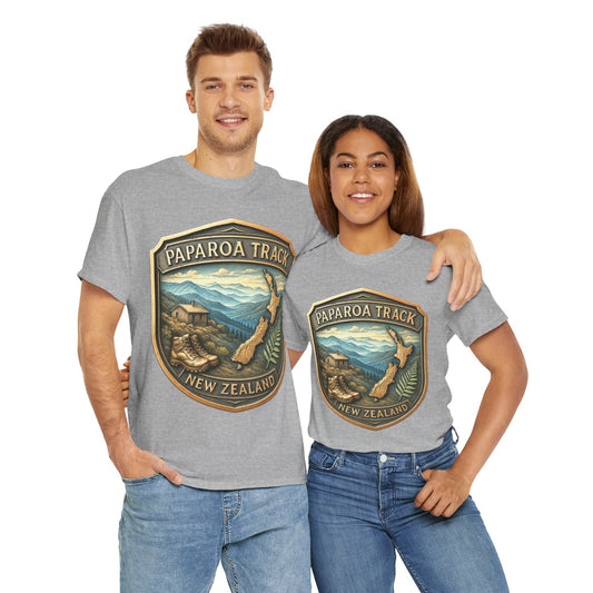 Two people wearing gray t-shirts with Paparoa Track New Zealand design