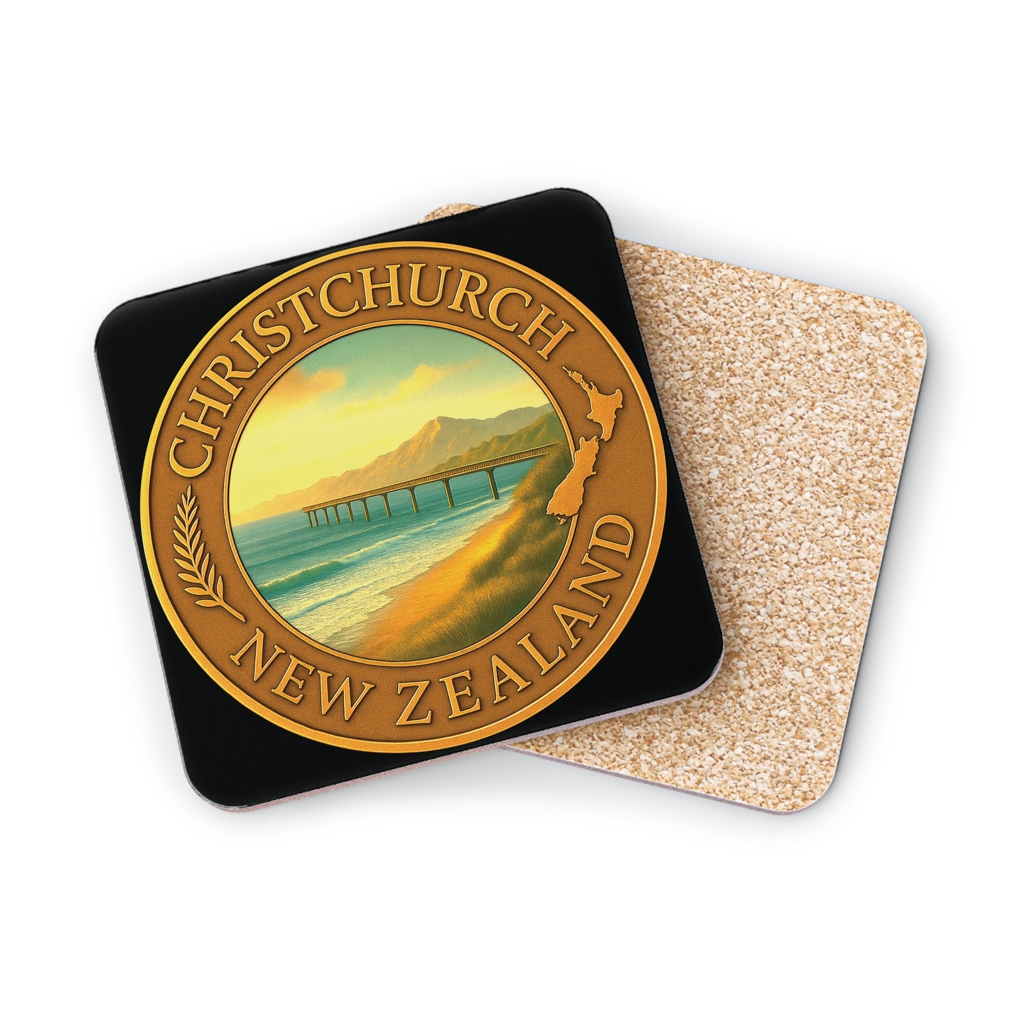 Coaster set with Christchurch, New Zealand design on a white background