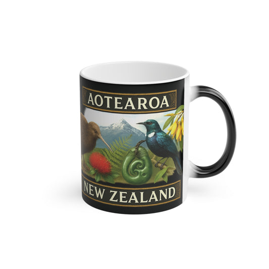 Mug with New Zealand design featuring birds and nature on a white background