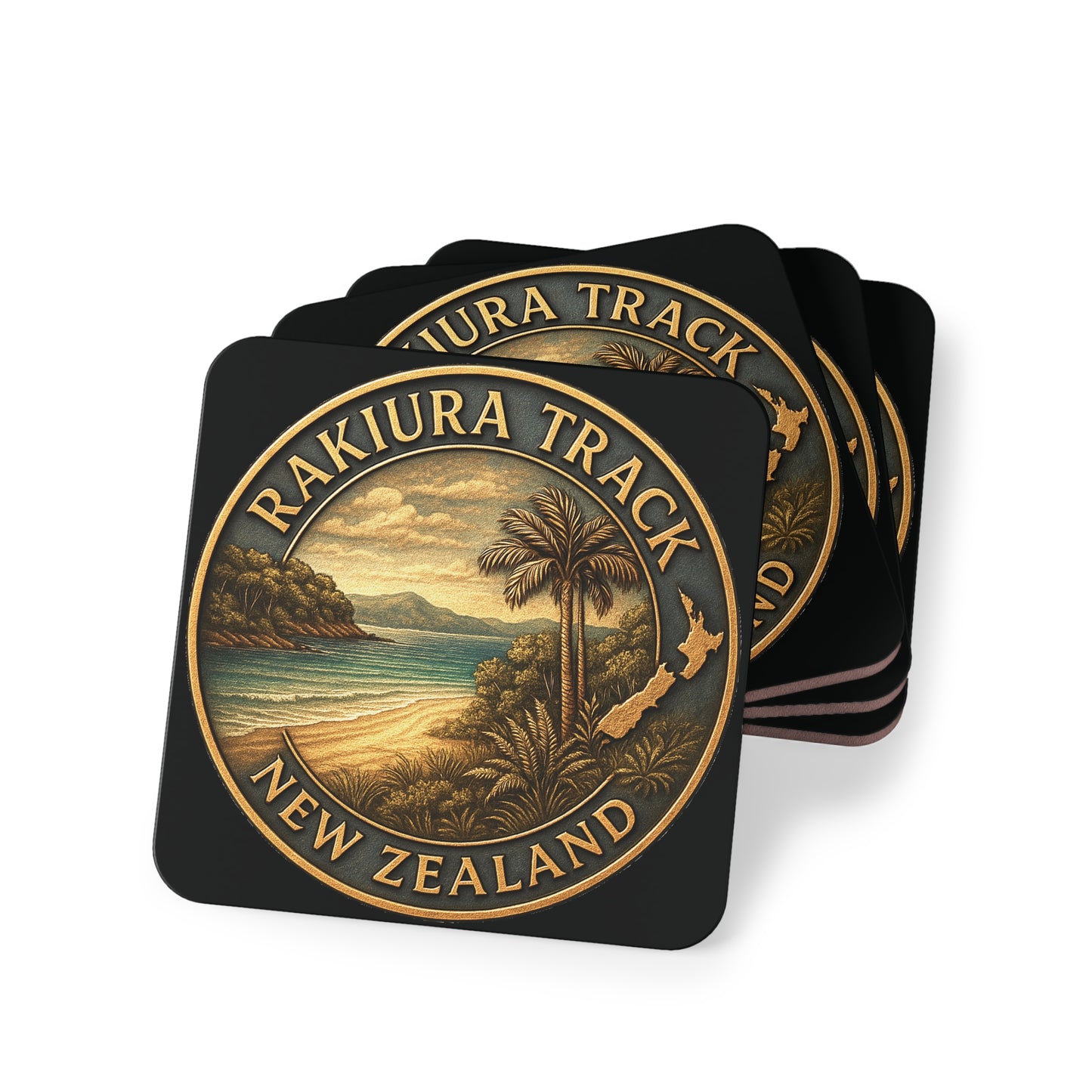 Set of coasters with Rakiura Track New Zealand design on a white background