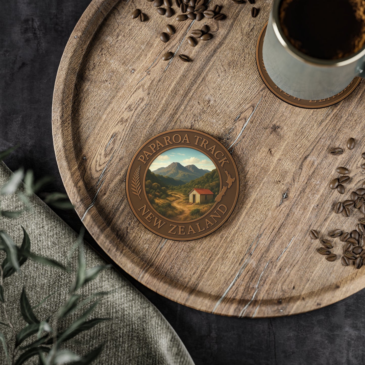Wooden tray with a Paparoa Track New Zealand coaster, coffee cup, and scattered coffee beans.