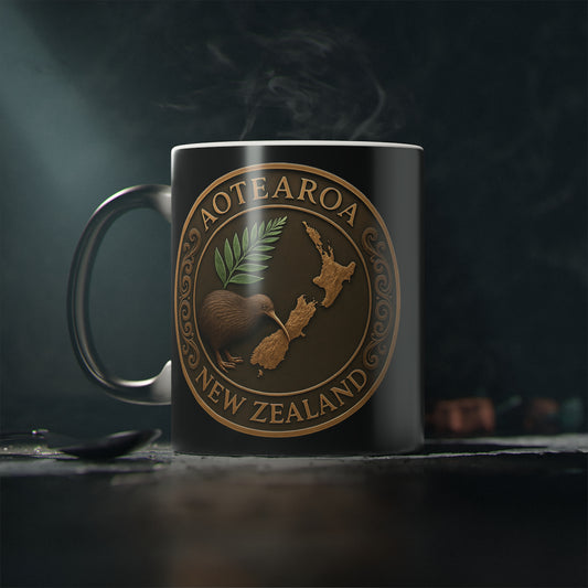 Mug with Aotearoa New Zealand design on a dark background