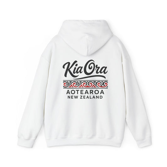 White hoodie with 'Kia Ora Aotearoa New Zealand' text and design on the back against a white background