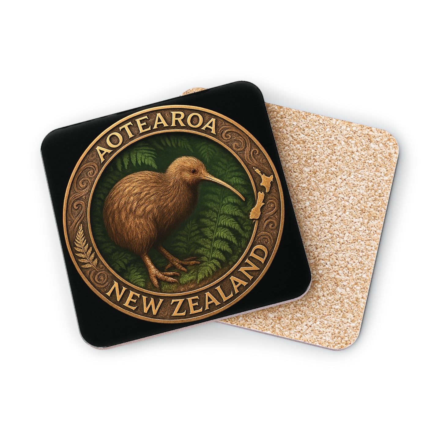 Coaster set with kiwi bird design and 'Aotearoa New Zealand' text on a white background