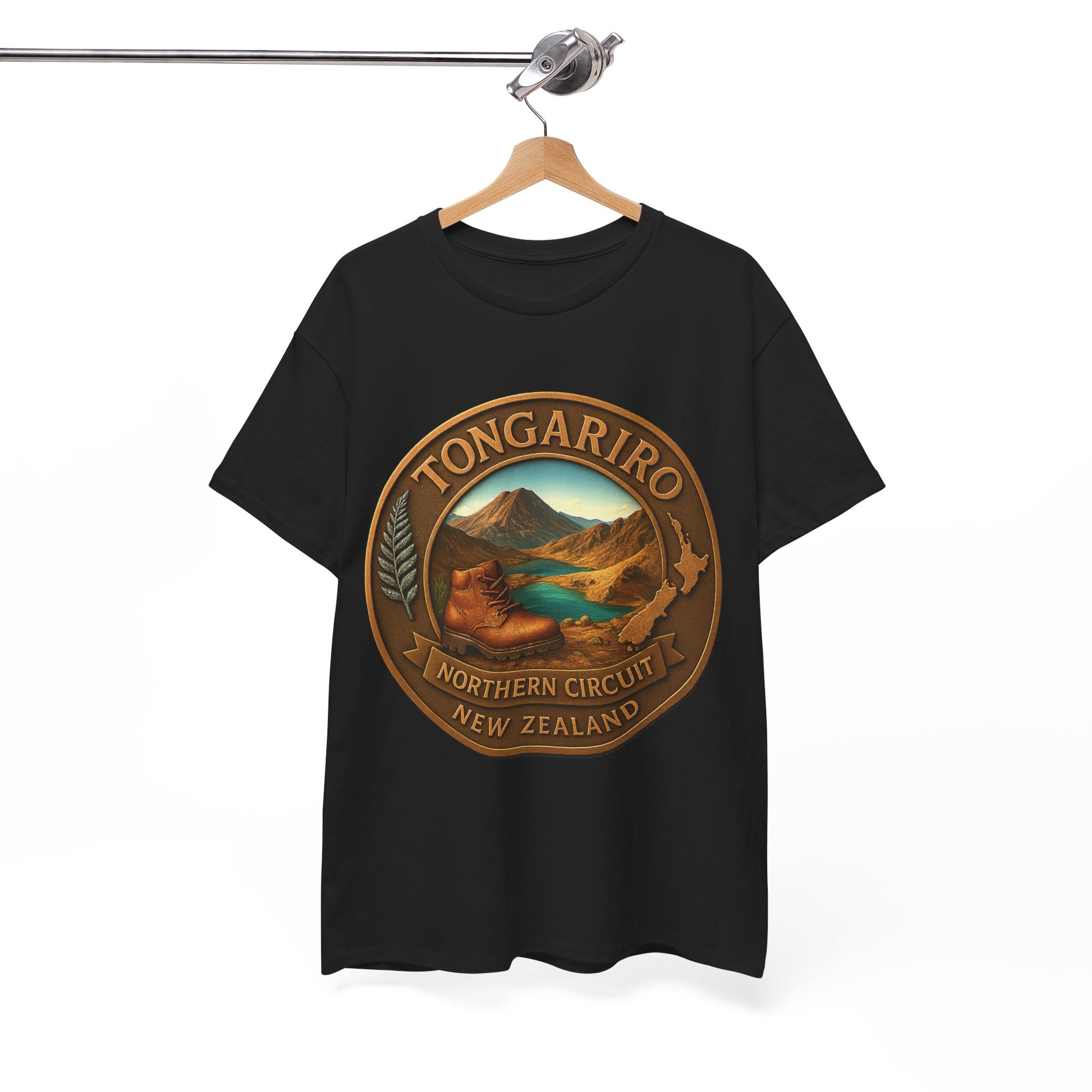 Black t-shirt with Tongariro New Zealand graphic on a hanger against a white background