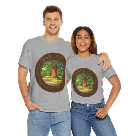 Two people wearing gray t-shirts with a tree design and text on a white background