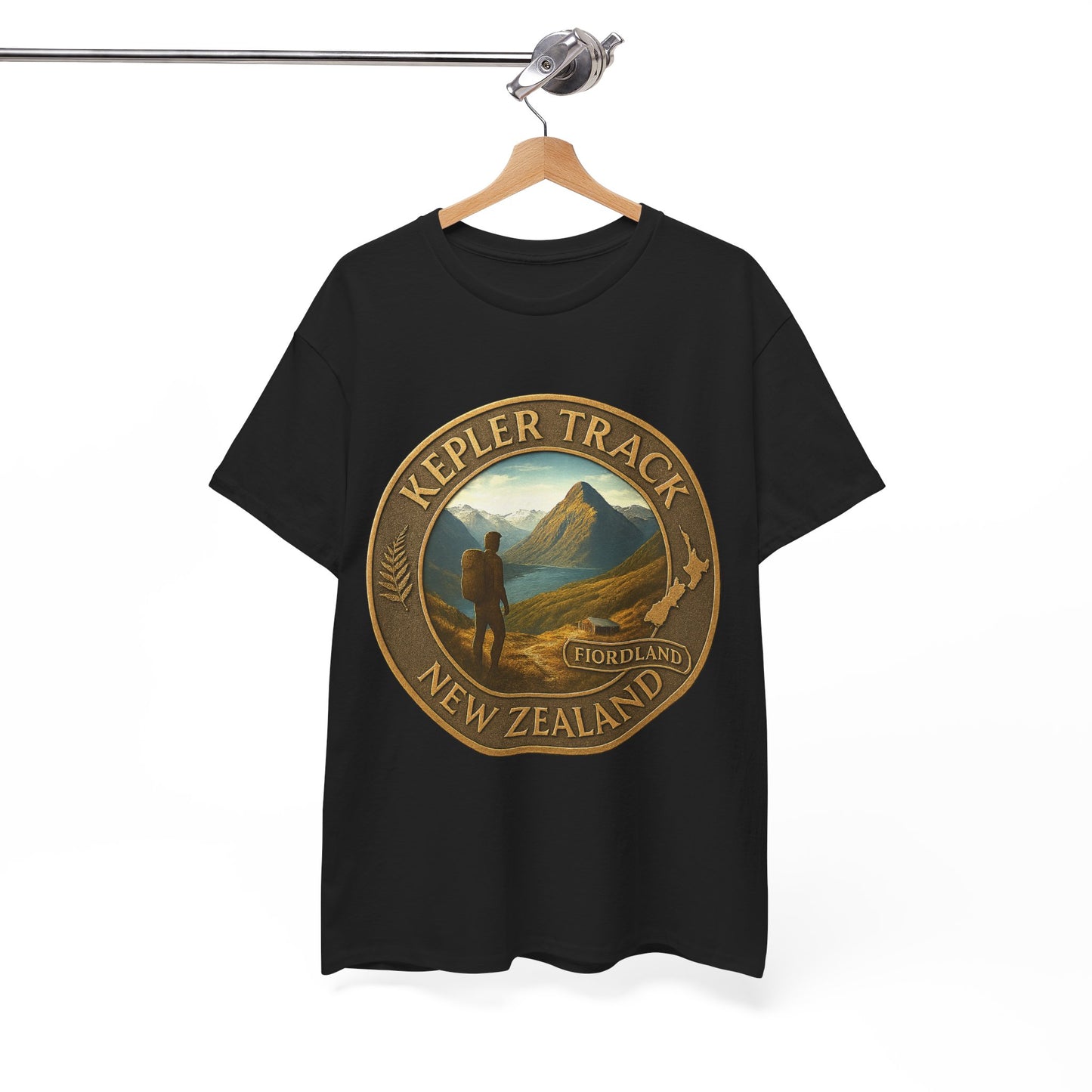 Black t-shirt with 'Kepler Track, New Zealand' design on a hanger against a white background