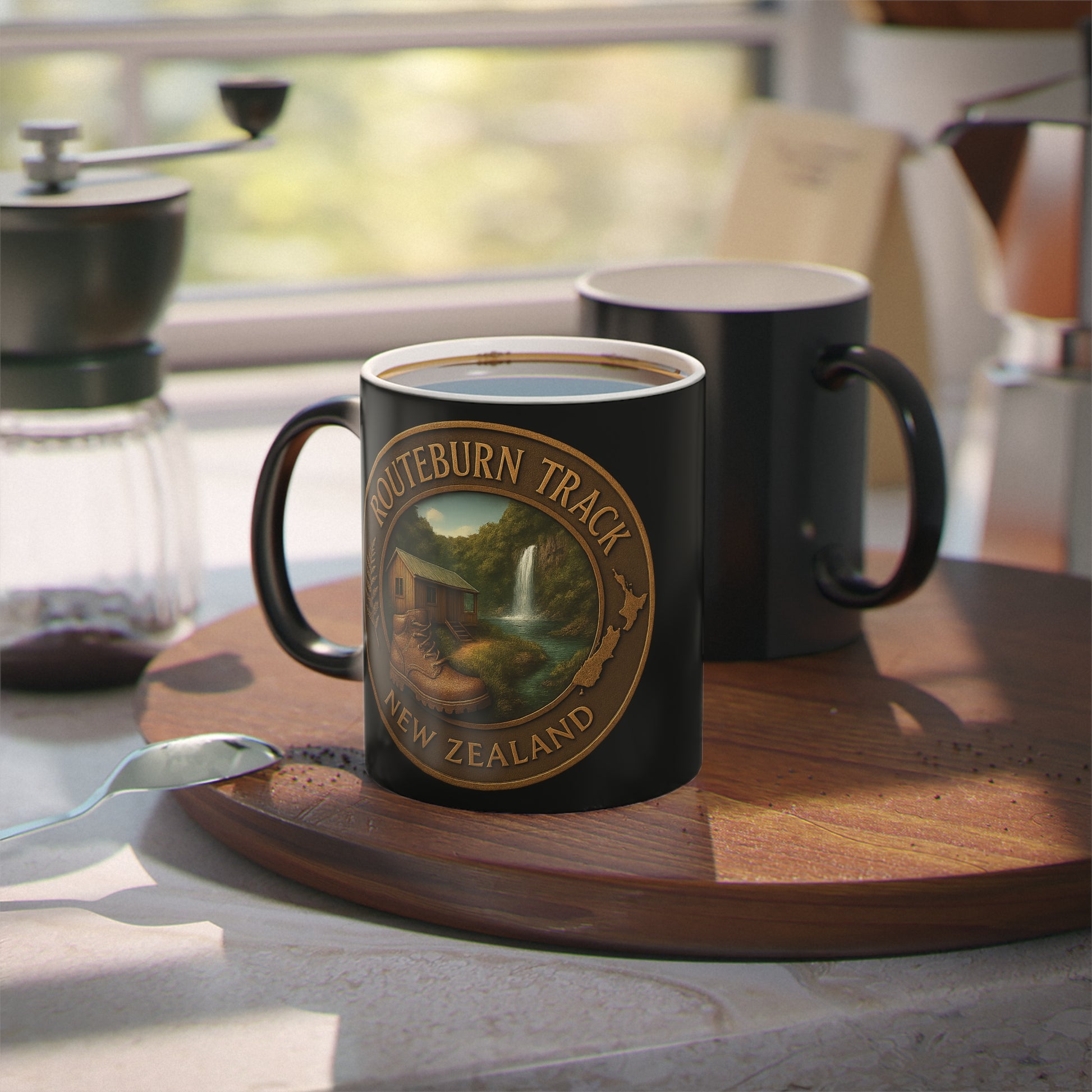 Black mug with 'Ruteburn Track New Zealand' design on a wooden tray in a kitchen setting.