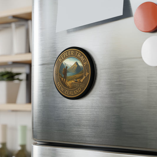 Fridge magnet with 'Kepler Track, New Zealand' design on a metallic surface.