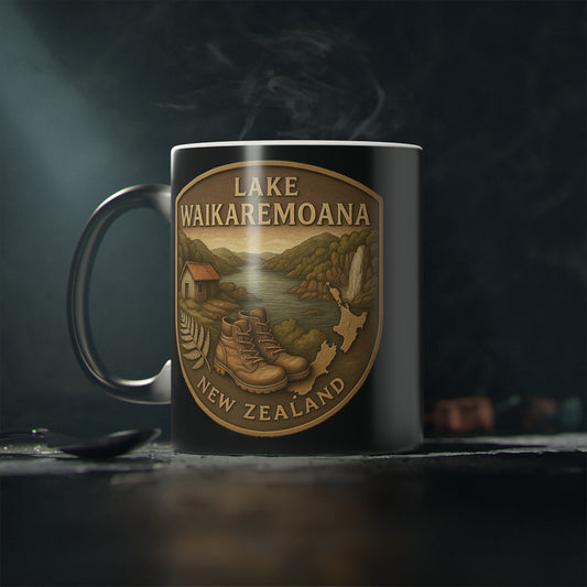 Coffee cup Mug with Lake Waikaremoana Track New Zealand design on a dark background