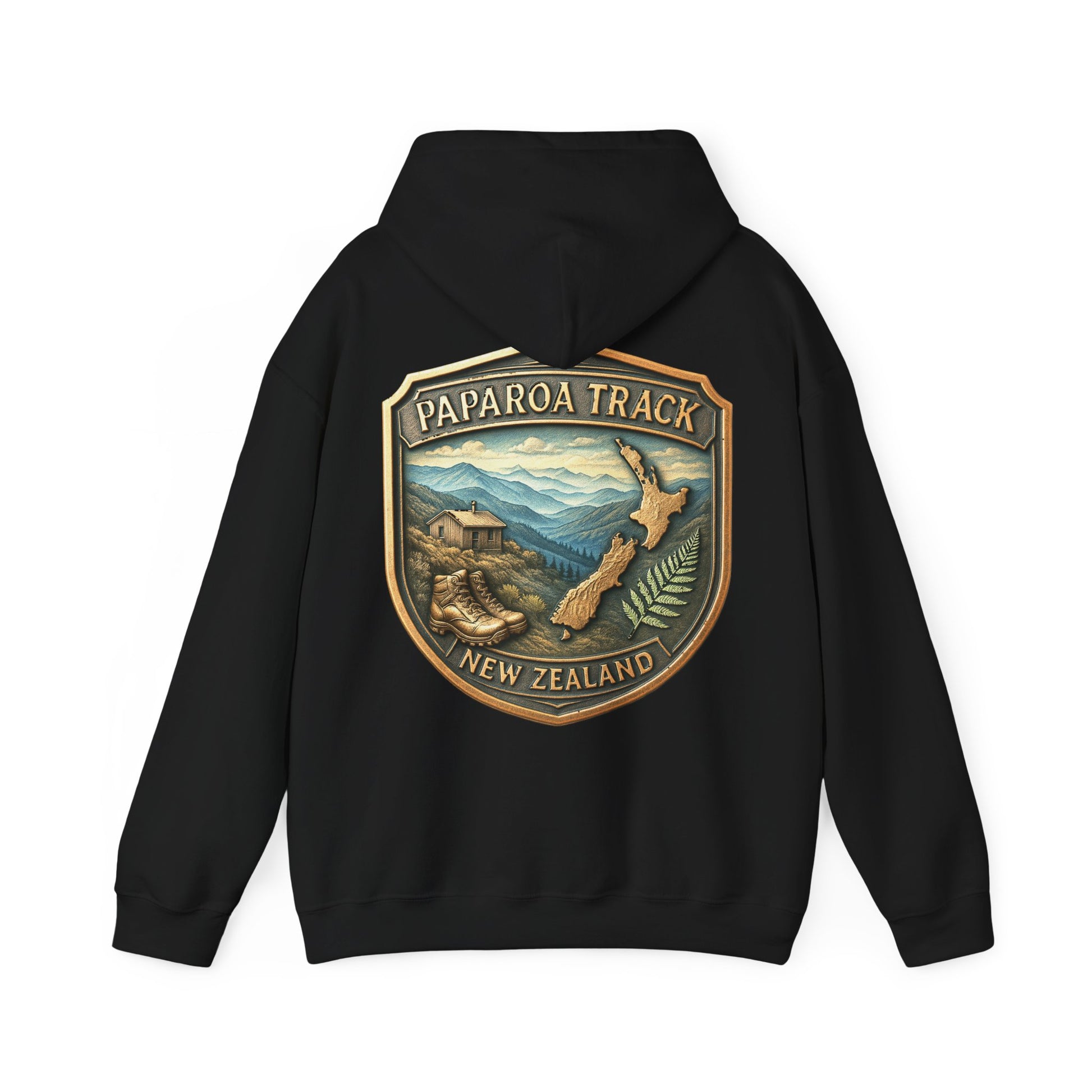 Black Paparoa Track hoodie with Paparoa Track New Zealand emblem on the back
