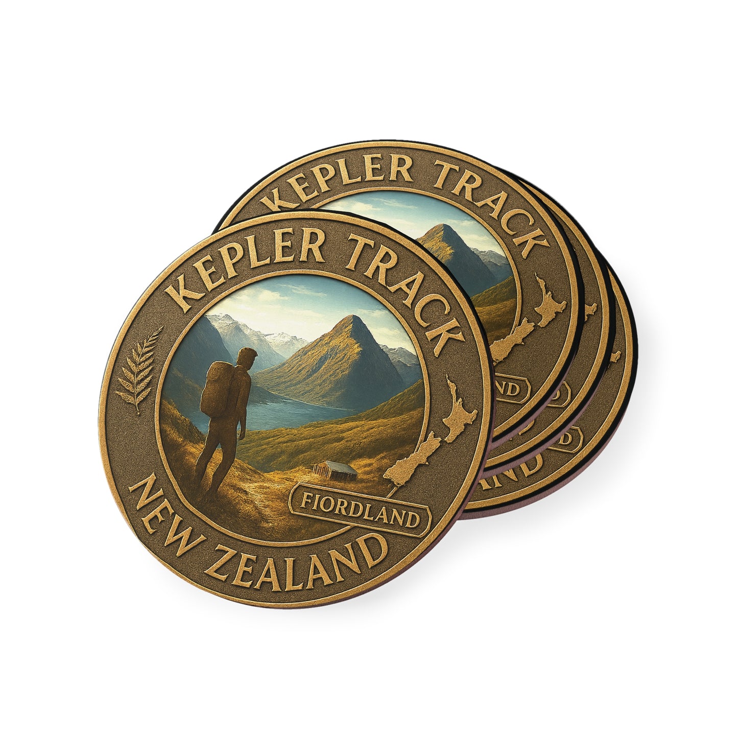 Two round bronze-like stickers with 'Kepler Track, New Zealand' design on a white background