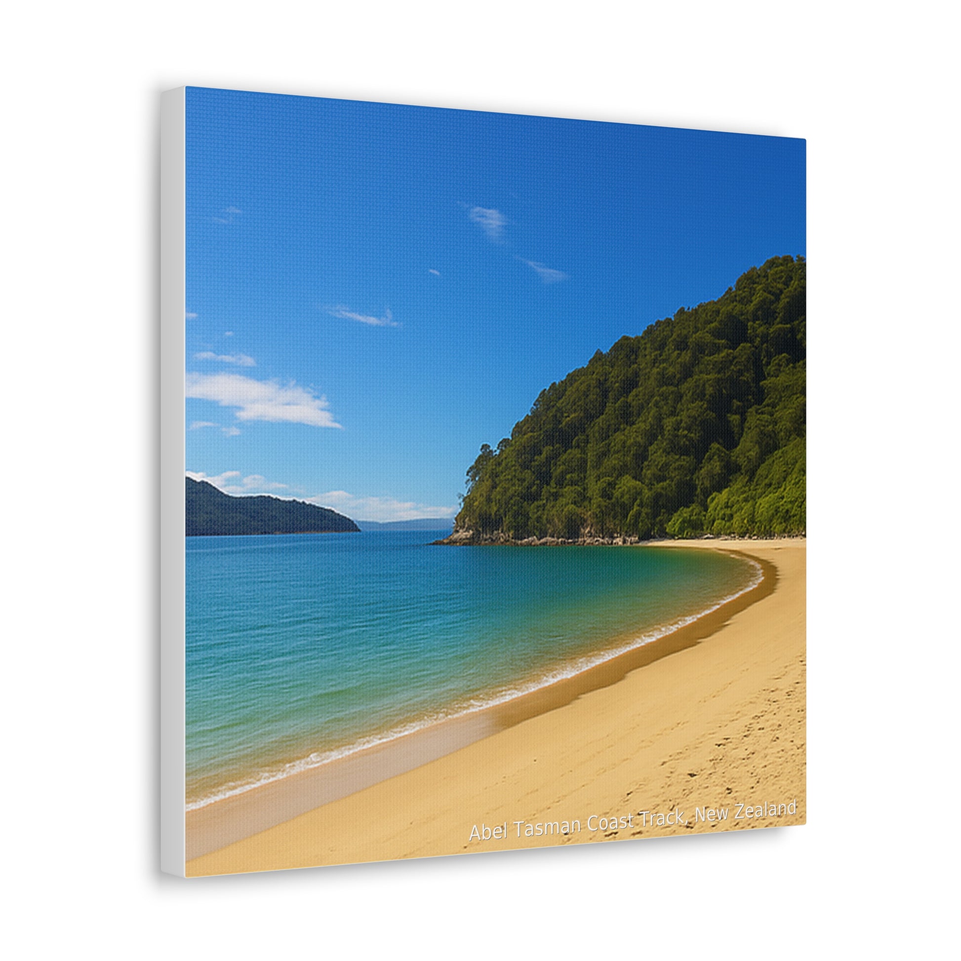 Abel Tasman Beach scene with clear blue sky, turquoise water, and greenery.