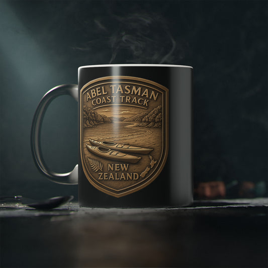 coffee cup vMug with Abel Tasman Coast Track New Zealand design on a dark background
