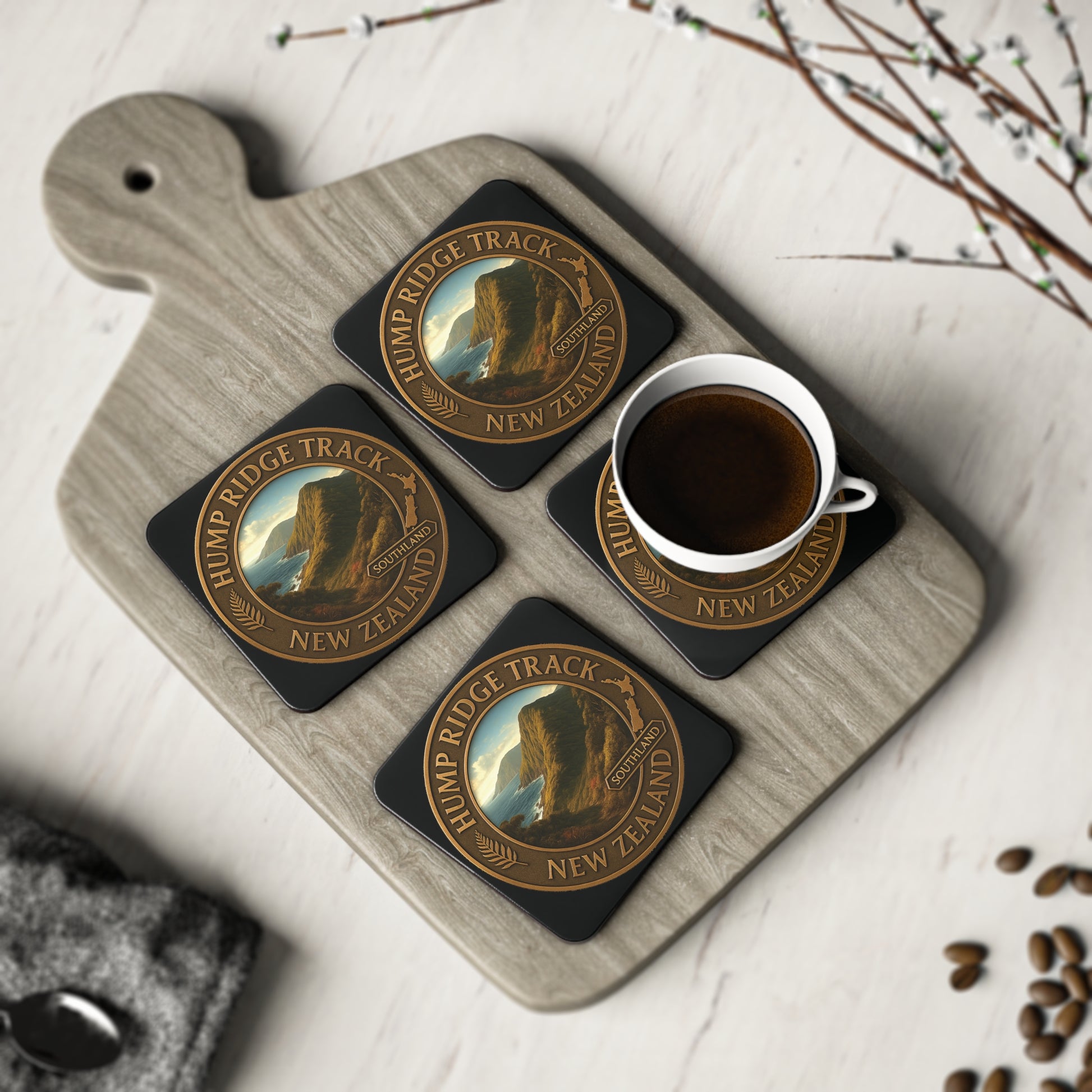 Set of coasters with Hump Ridge Track branding on a wooden board with a cup of coffee.