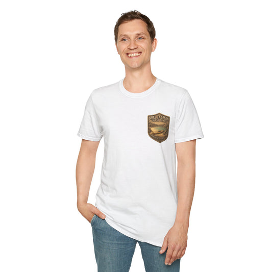 Person wearing a white Abel Tasman t-shirt with a logo on a white background