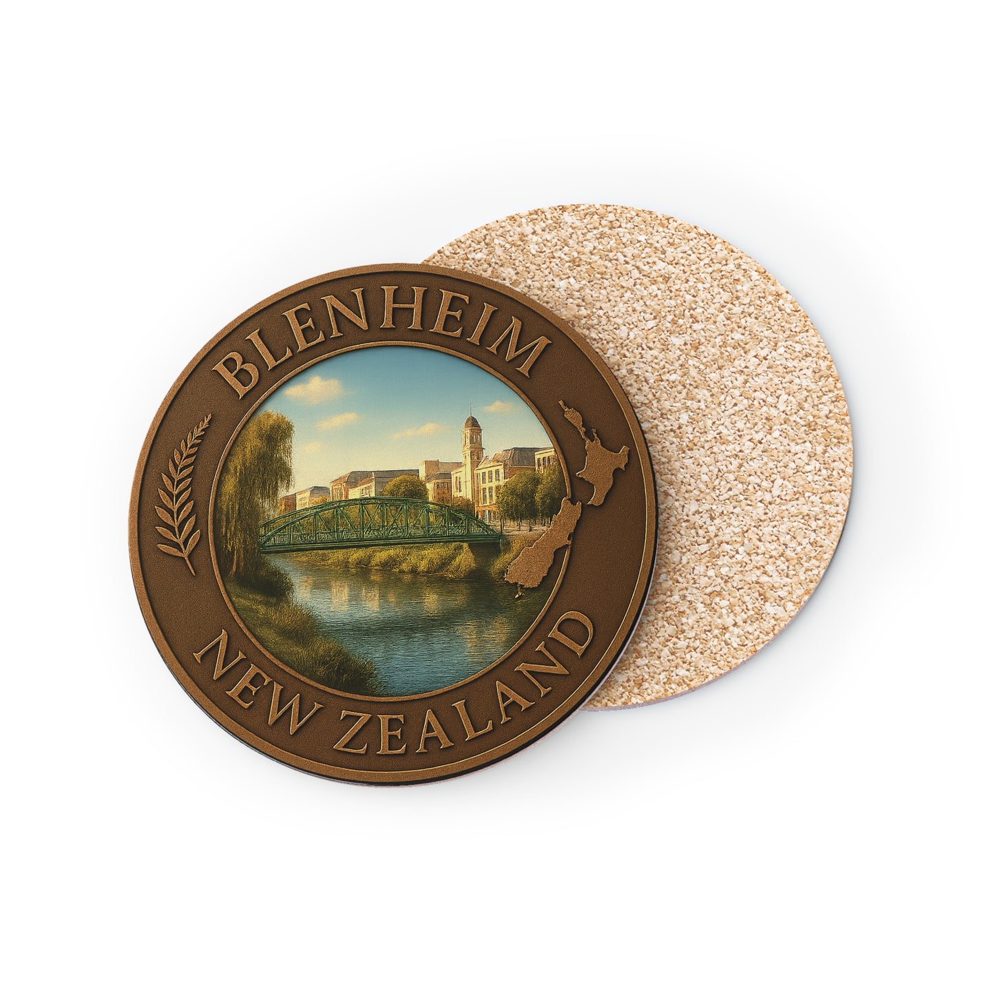 Coaster set with 'Blenheim New Zealand' design on a white background