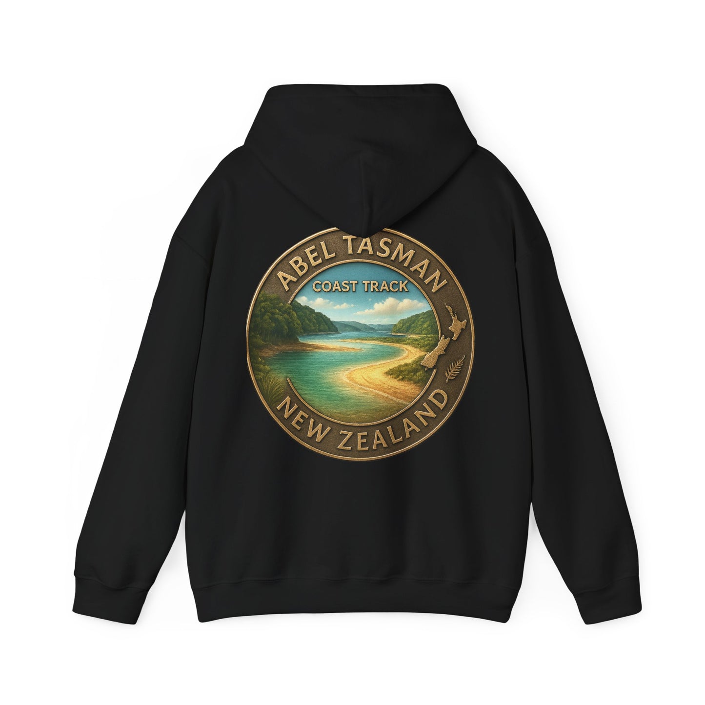Black hoodie with Abel Tasman Coast Track New Zealand design on the back