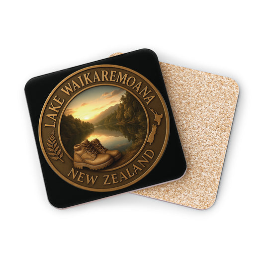 Coaster with Lake Waikaremoana Track New Zealand design featuring a sunset and hiking boots.
