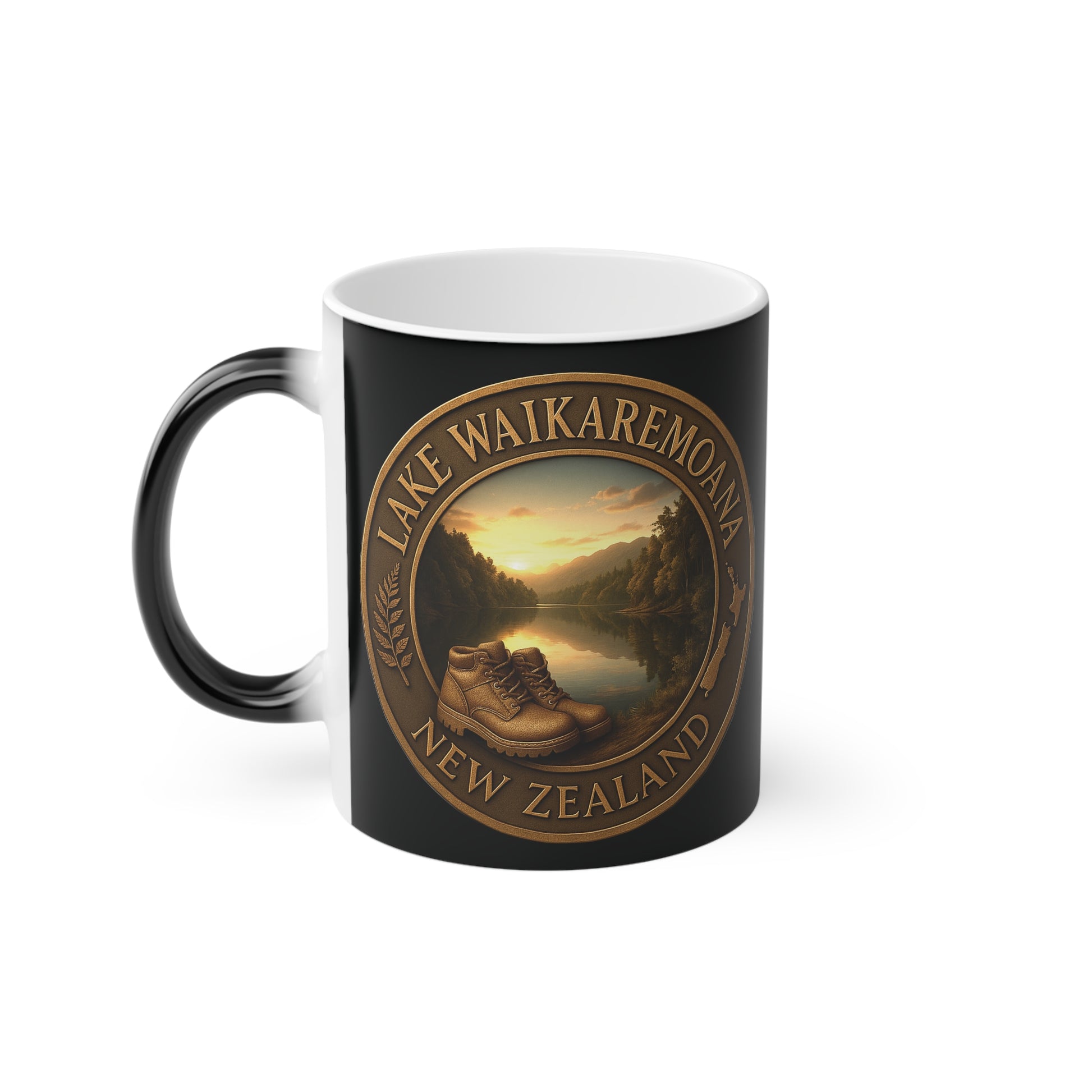 Black mug with a scenic design of Lake Waikaremona, New Zealand, featuring a sunset over a lake with mountains.
