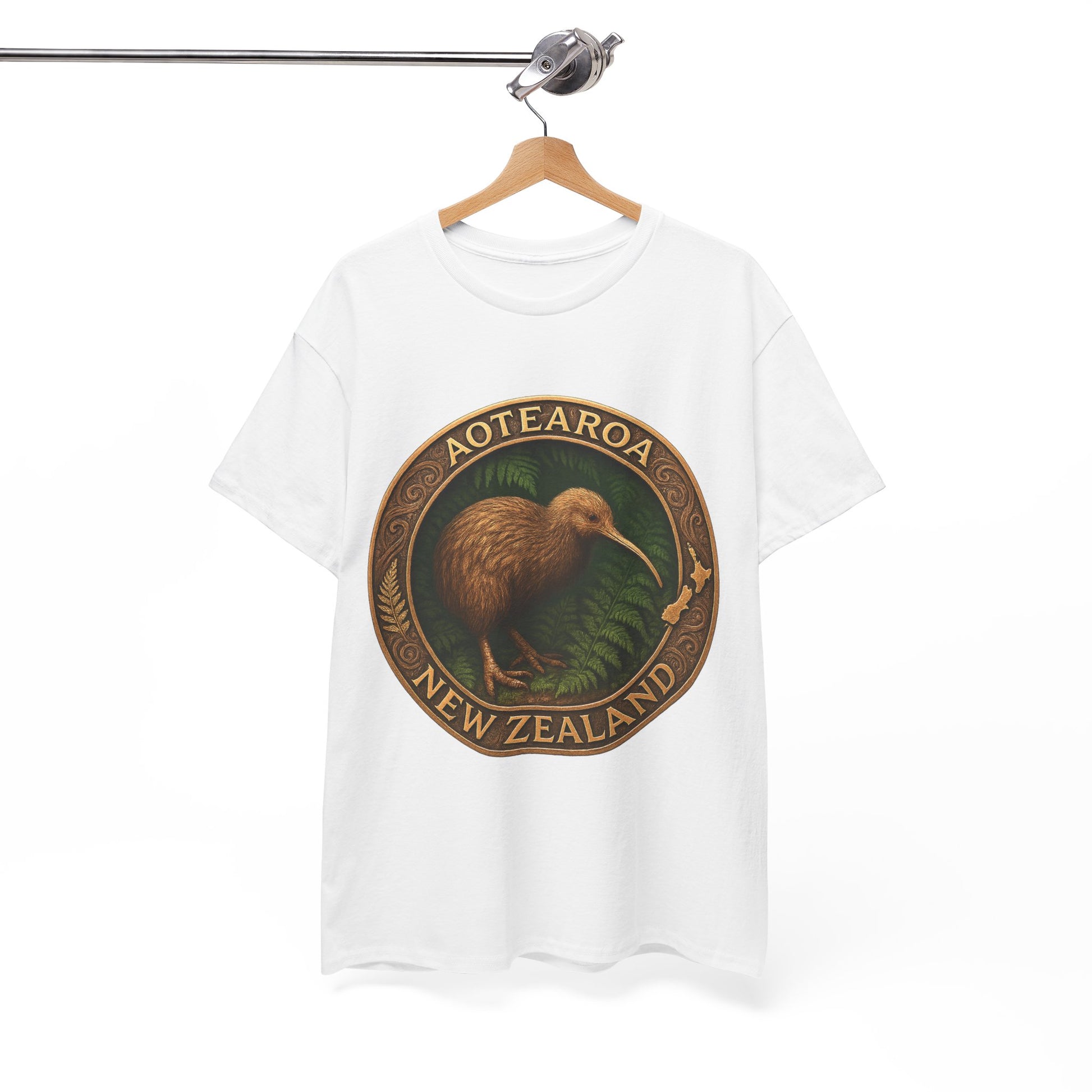White t-shirt with a kiwi bird design and 'Aotearoa New Zealand' text on a white background