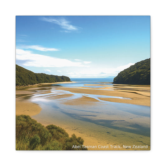 Abel Tasman Beach with a river flowing into the ocean, surrounded by green hills under a blue sky.