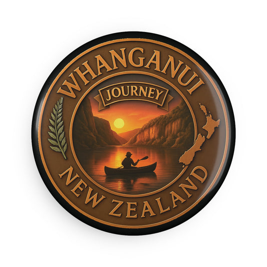 Round badge with 'Whanganui Journey New Zealand' text and a scenic illustration of a person in a kayak.