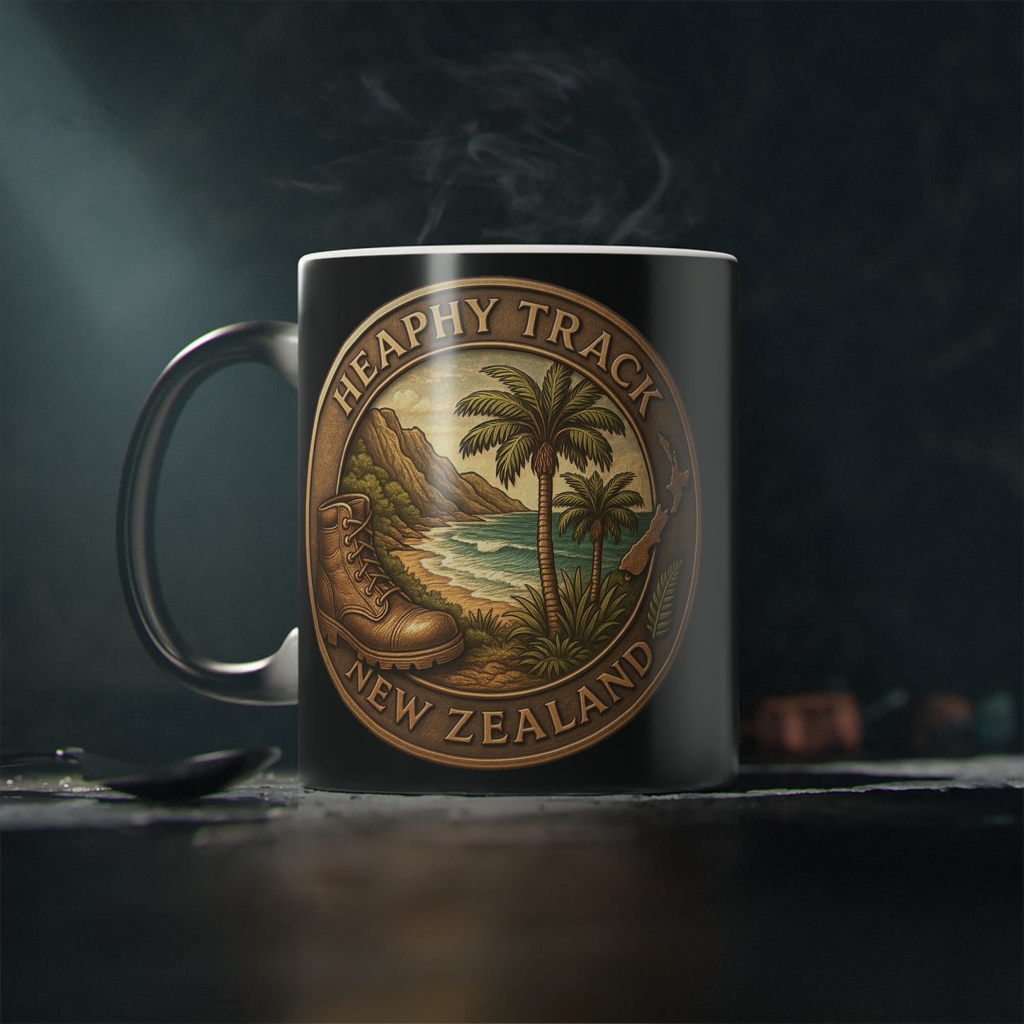 Coffee Mug with Heaphy Track New Zealand design featuring a palm tree and mountain landscape.