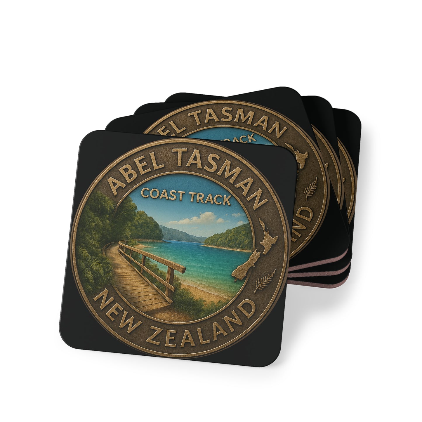 Coasters with Abel Tasman New Zealand design on a white background