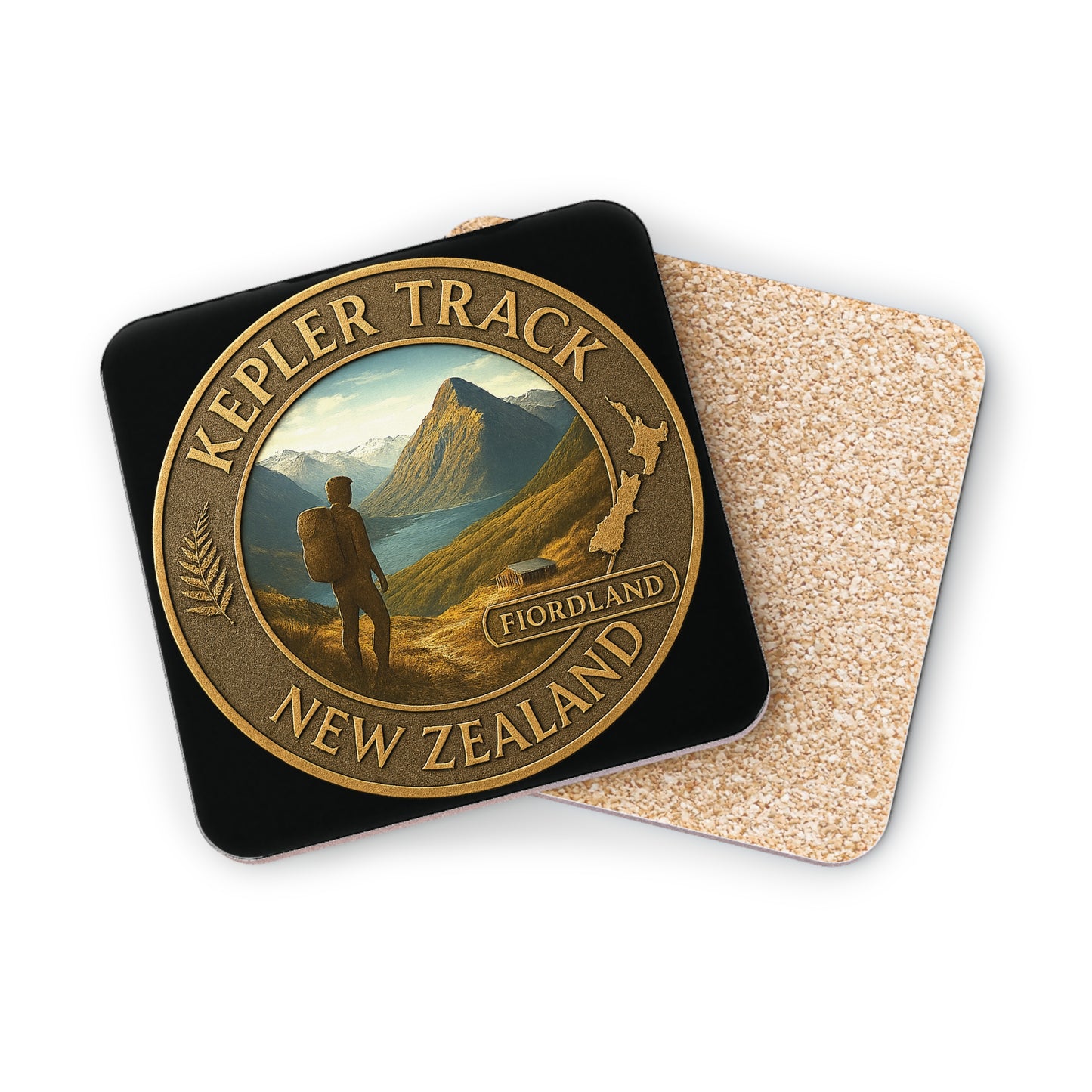 Coaster set with 'Kepler Track, New Zealand' design on a white background