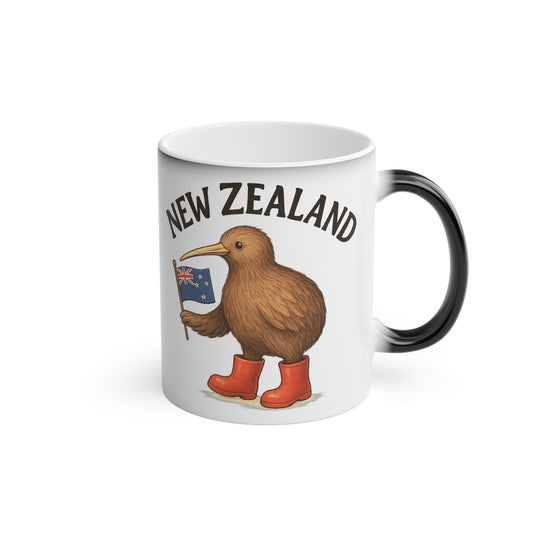 Mug with a kiwi bird holding a New Zealand flag and 'New Zealand' text on a white background