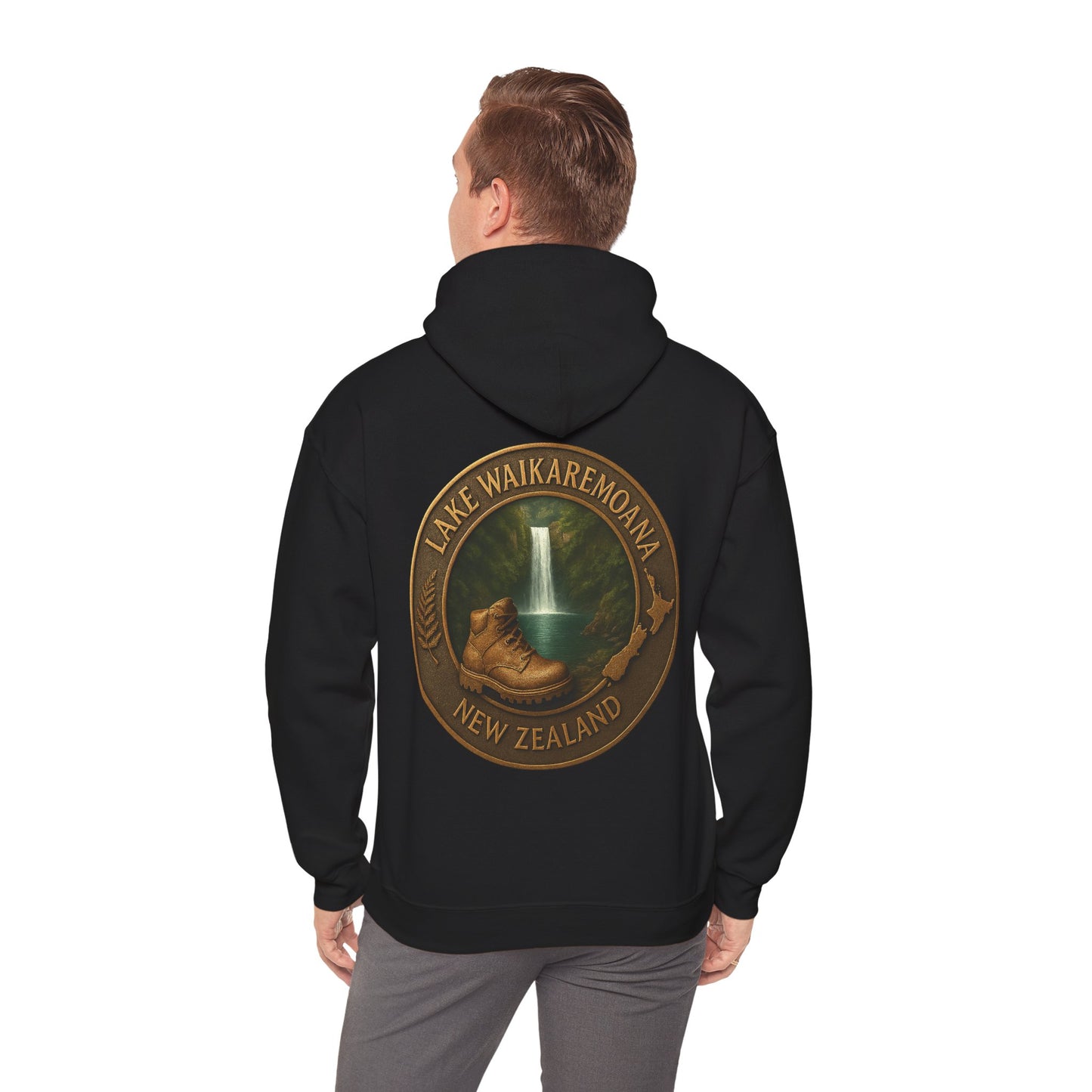 Black hoodie with a design of Lake Waikaremoana Track, New Zealand on the back