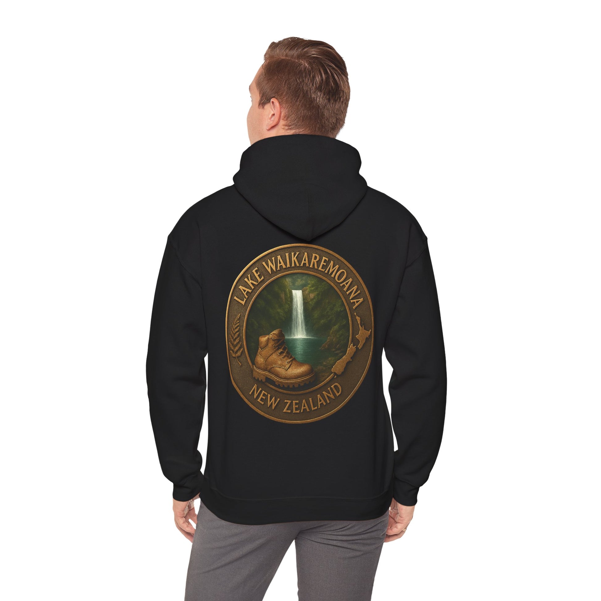 Black hoodie with a design of Lake Waikaremoana Track, New Zealand on the back